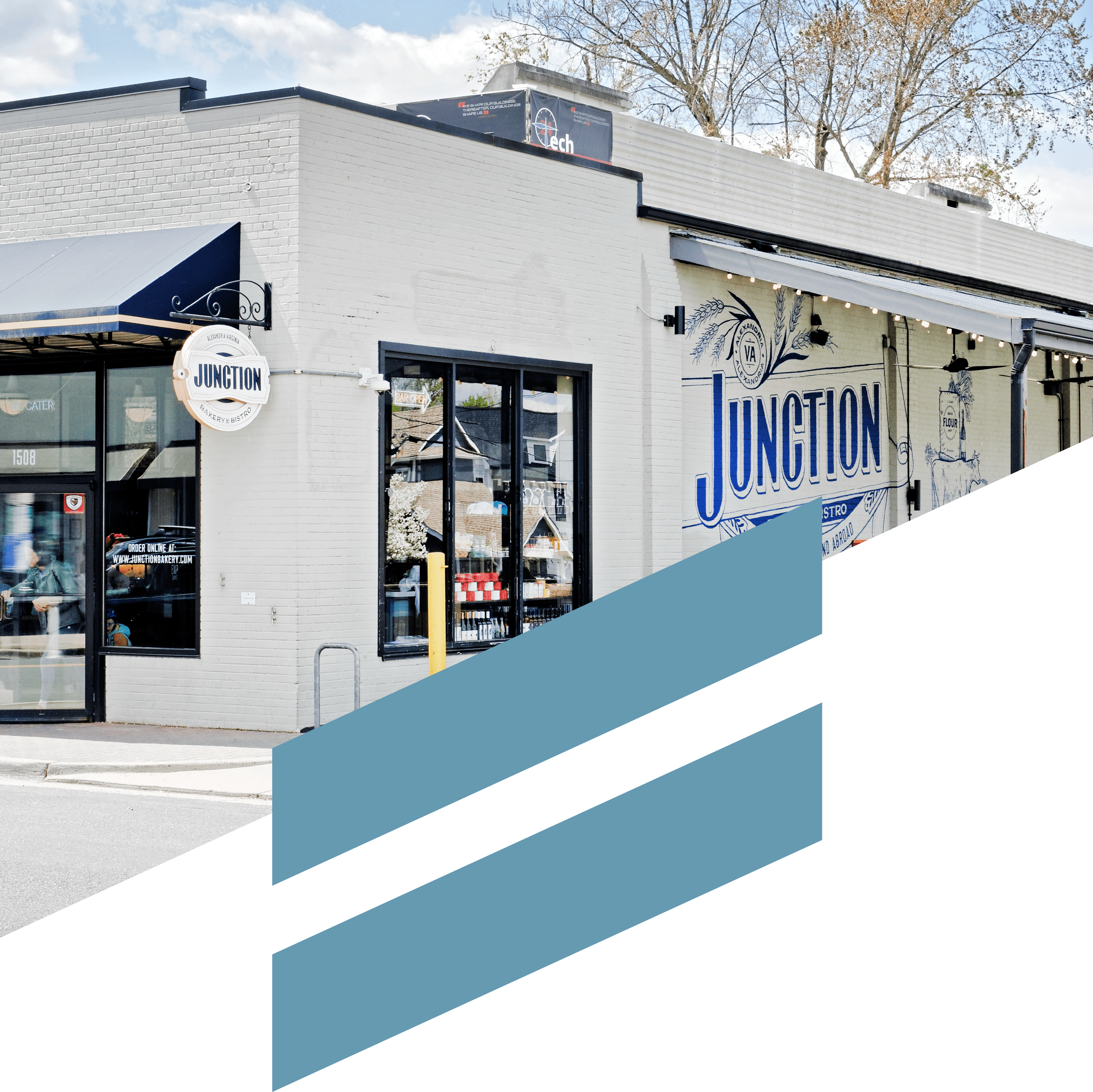 The exterior building of Junction Bakery & Bistro in the Del Ray neighborhood of Alexandria, Virginia.